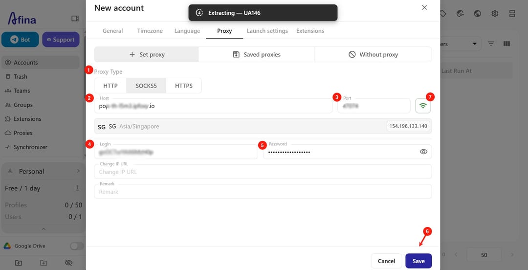 Configuring an IPNut proxy in an Afina Browser profile