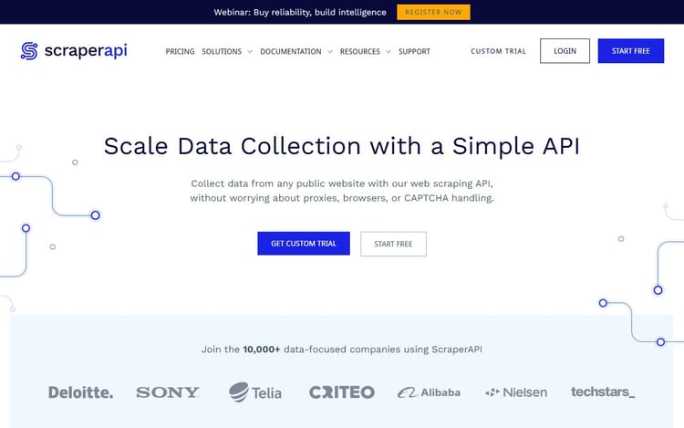 ScraperAPI page explaining data collection scaling through a web scraping API
