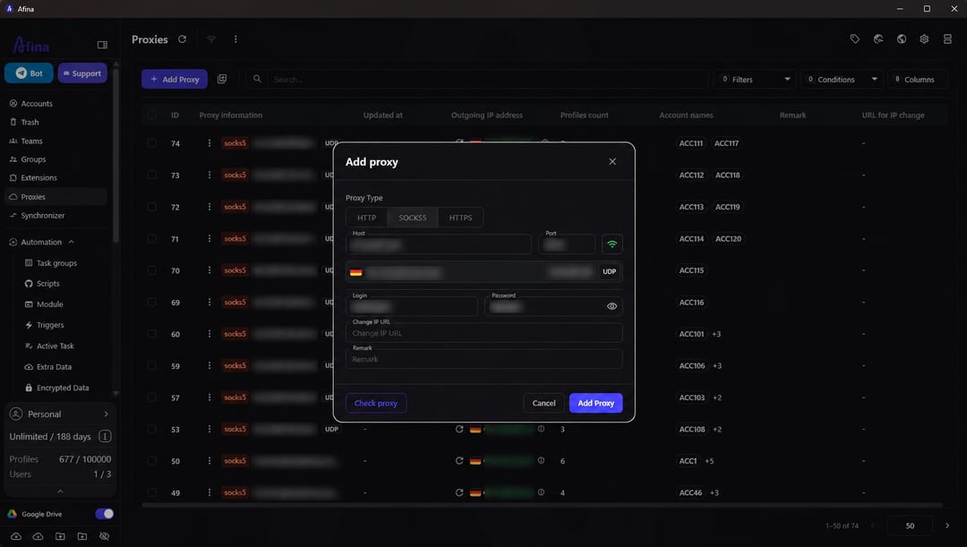 Adding a single proxy in Afina Browser
