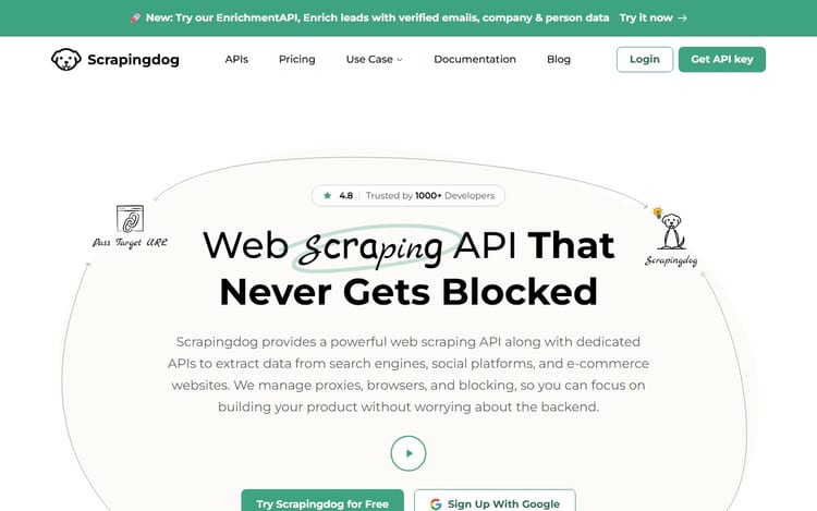 Scrapingdog page describing its web scraping API Scrapingdog page describing its web scraping API