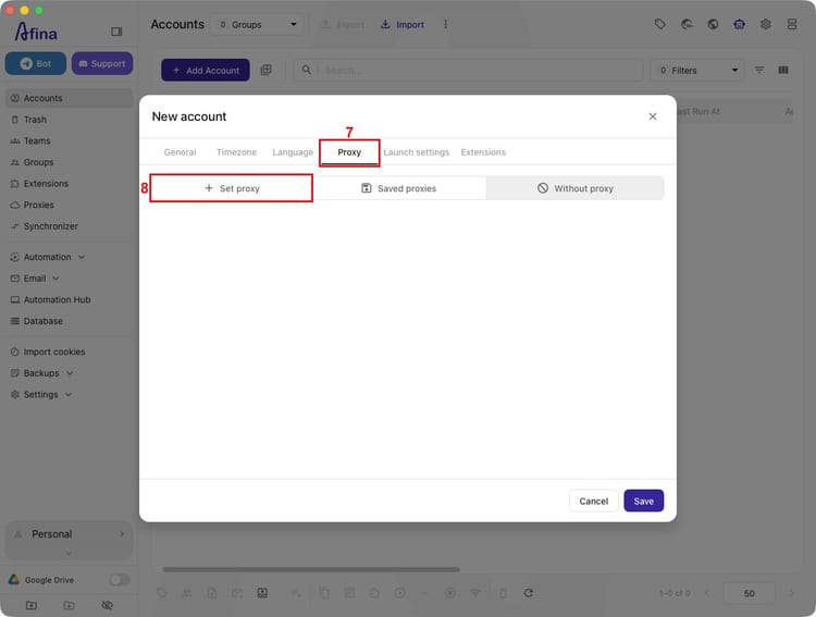 Вкладка Proxy в Afina с выбранной опцией Set proxy