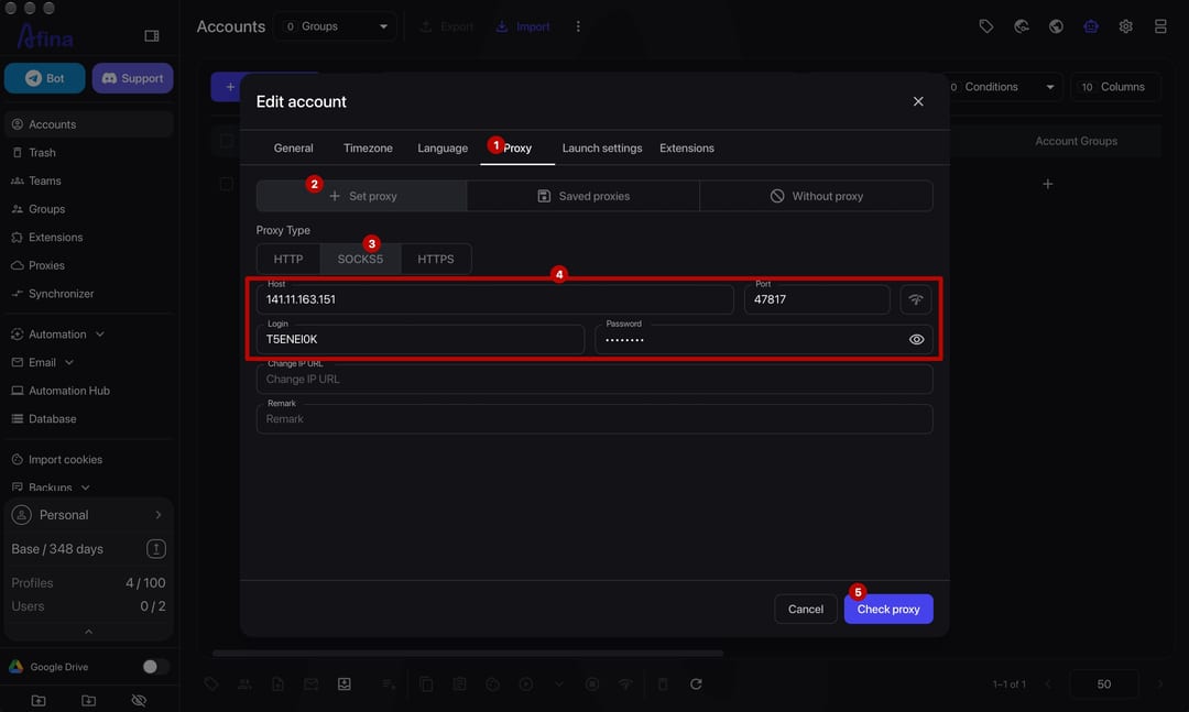 Налаштування SOCKS5-проксі в профілі Afina