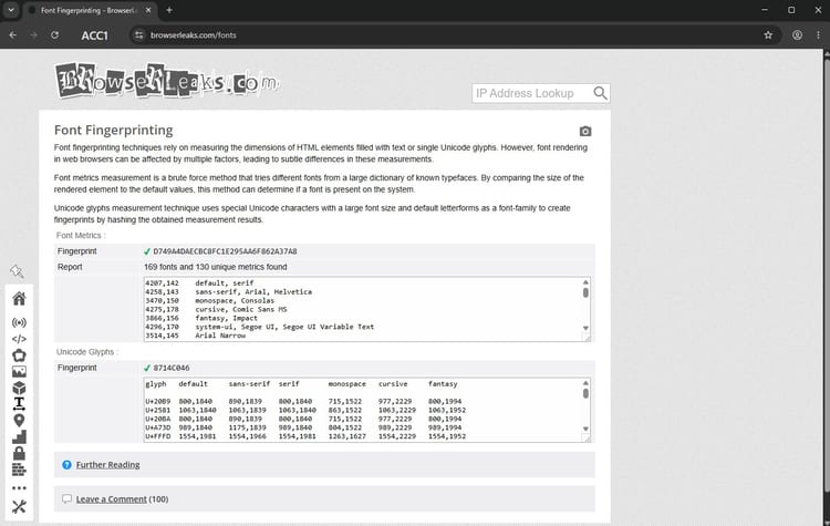 Font fingerprinting test results page with a list of detected fonts and a uniqueness score