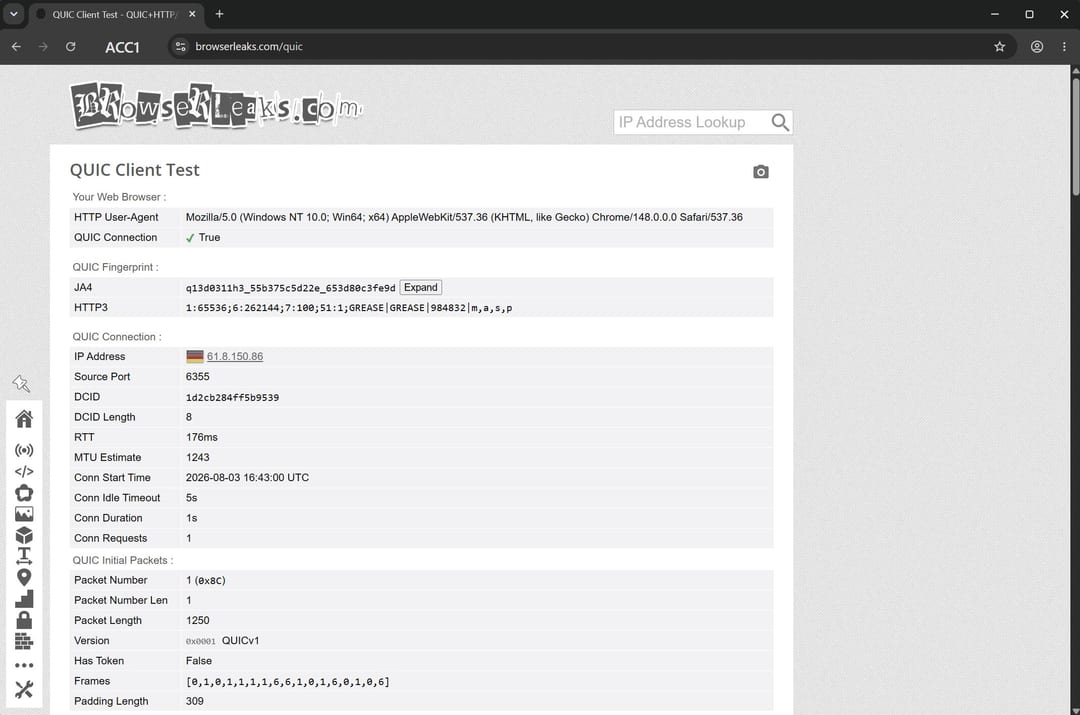Звіт browserleaks.com/quic у профілі Afina Browser: IP з'єднання збігається з проксі, показано JA4 і набір шифрів