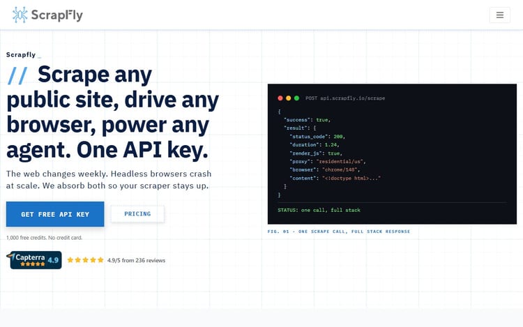 Scrapfly page describing a platform for web scrapers and AI agents