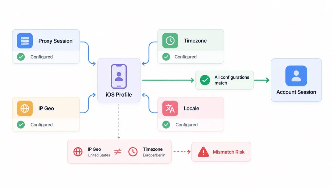Diagram showing proxy geo timezone and locale binding to an iOS browser profile Diagram showing proxy geo timezone and locale binding to an iOS browser profile