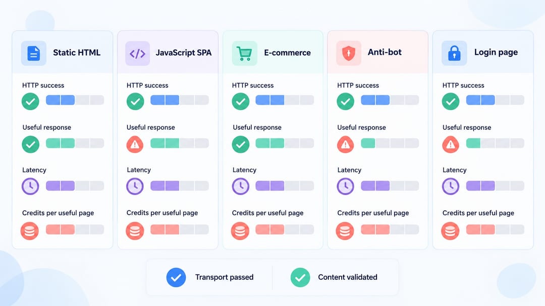 ZenRows test dashboard for success latency and cost