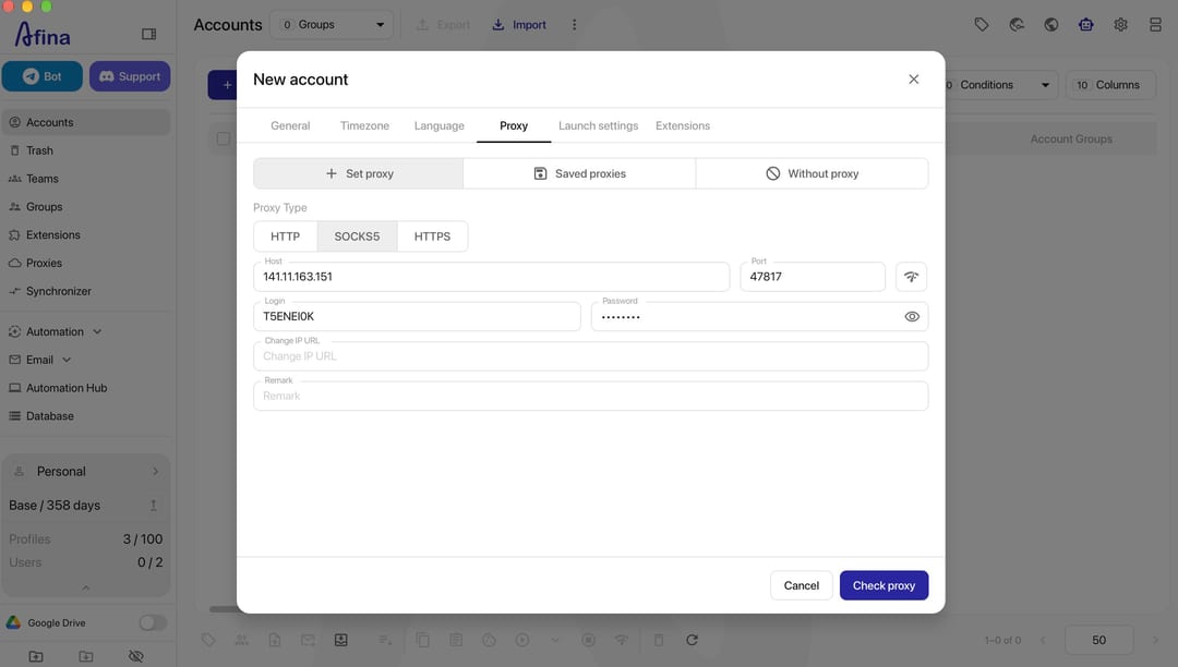 Oxylabs proxy settings in an Afina profile Oxylabs proxy settings in an Afina profile