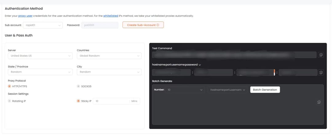 RapidProxy residential proxy location session and connection settings