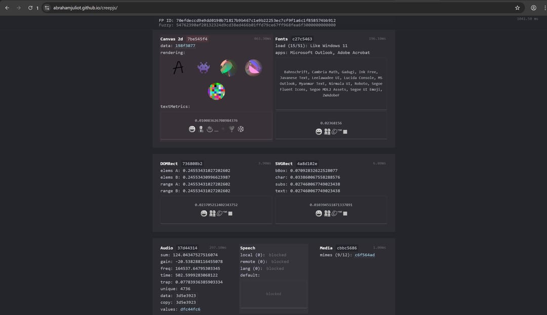 Звіт CreepJS для AgentX з обрахунком Canvas за 463 мілісекунди та заблокованим Speech API